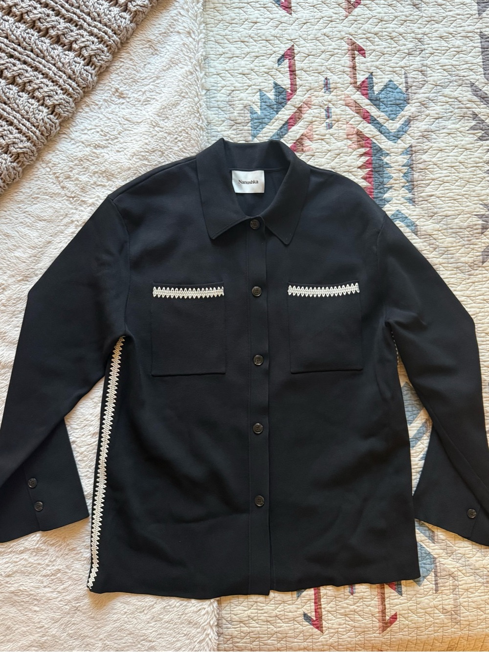 Nanushka Black Button-Front Jacket with White Trim